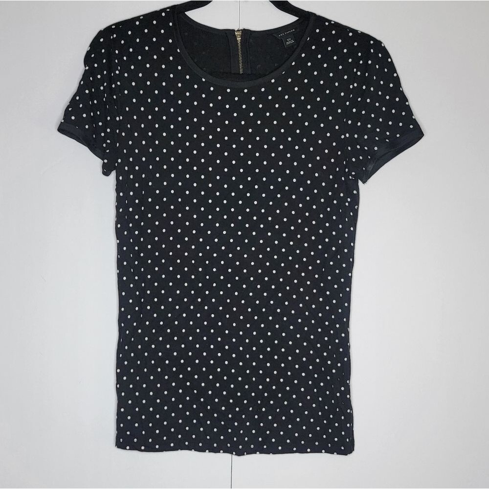 Ann Taylor Black White Polka Dot Top Back Zipper Short Sleeve XS